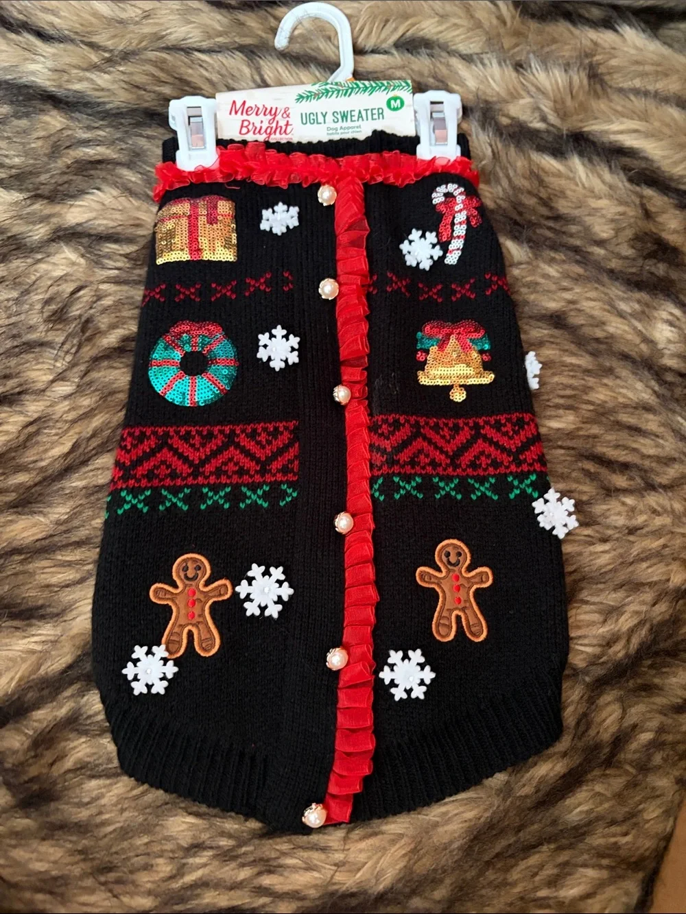 Merry & Bright Black Holiday Ugly Sweater Dog Costume With Sequins Size Medium